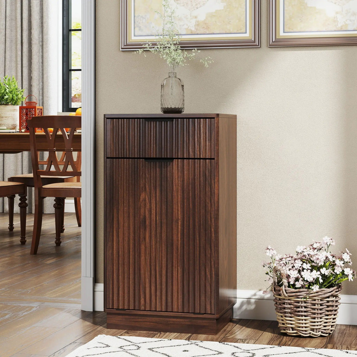 Tilt Out Trash Can Cabinet | Wave Textured Drawer | Pull Out Bin | Dual-Zone Waste Control