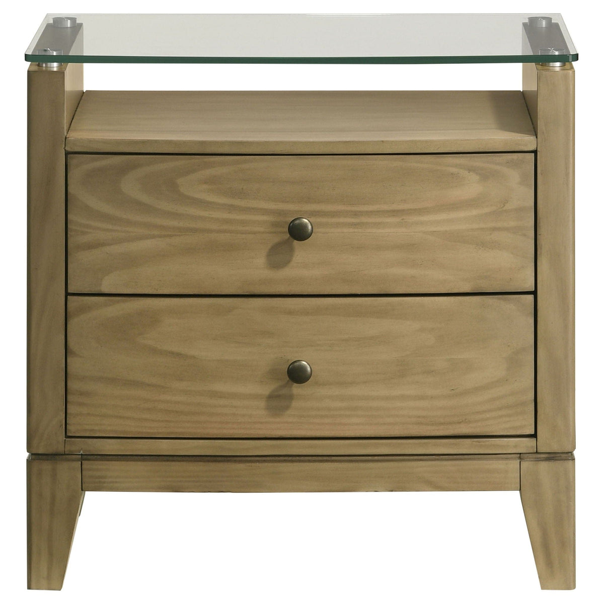 Granada 2-drawer Glass Top Nightstand Natural Pine | 25.5 x 16 x 25.5 in | Tempered Glass | Bedroom