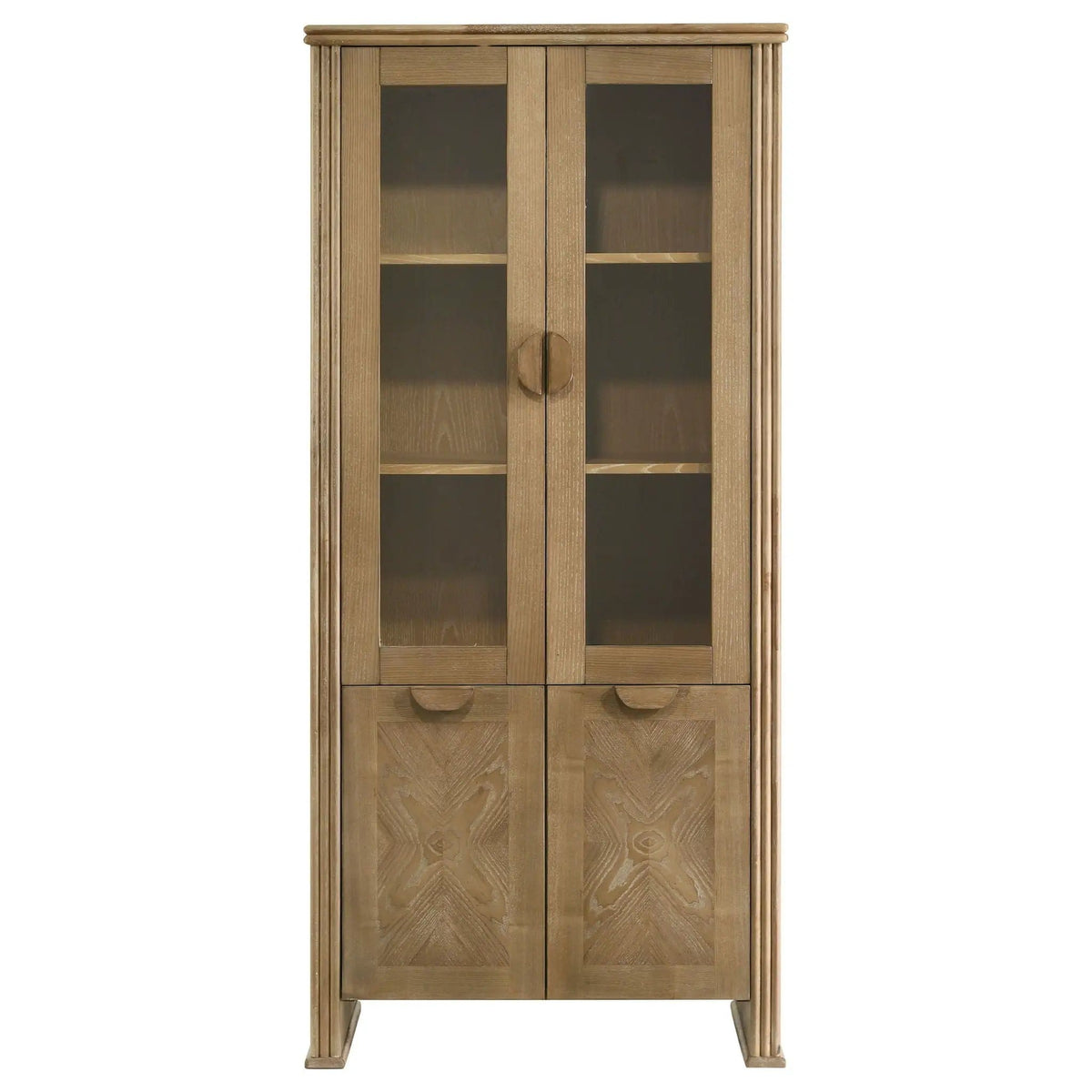 Adina 77-inch Tall Display Cabinet Distressed Light | 35 x 17.75 x 76.5 in | Rubberwood & Engineered Wood | Brown