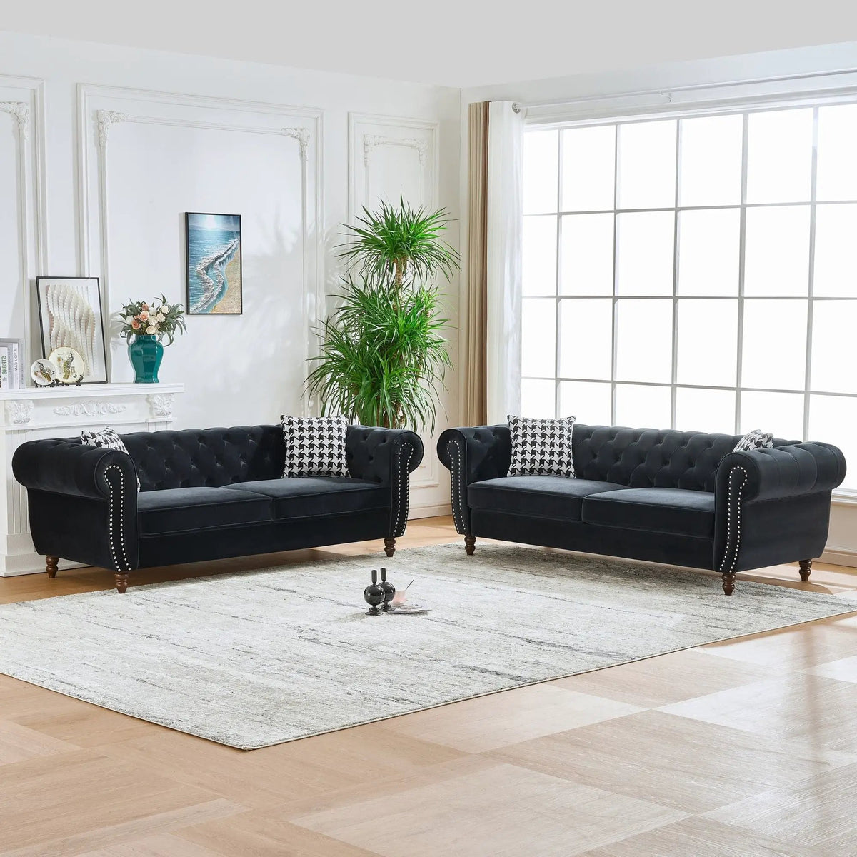 Chesterfield Fabric Sofa | Rolling Arms | Nailhead Trim | 3 Seater