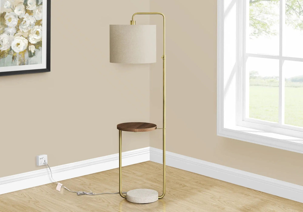 Floor Lamp With USB Port | Adjustable Arm Height | Ivory Fabric Shade | Built-In Shelf