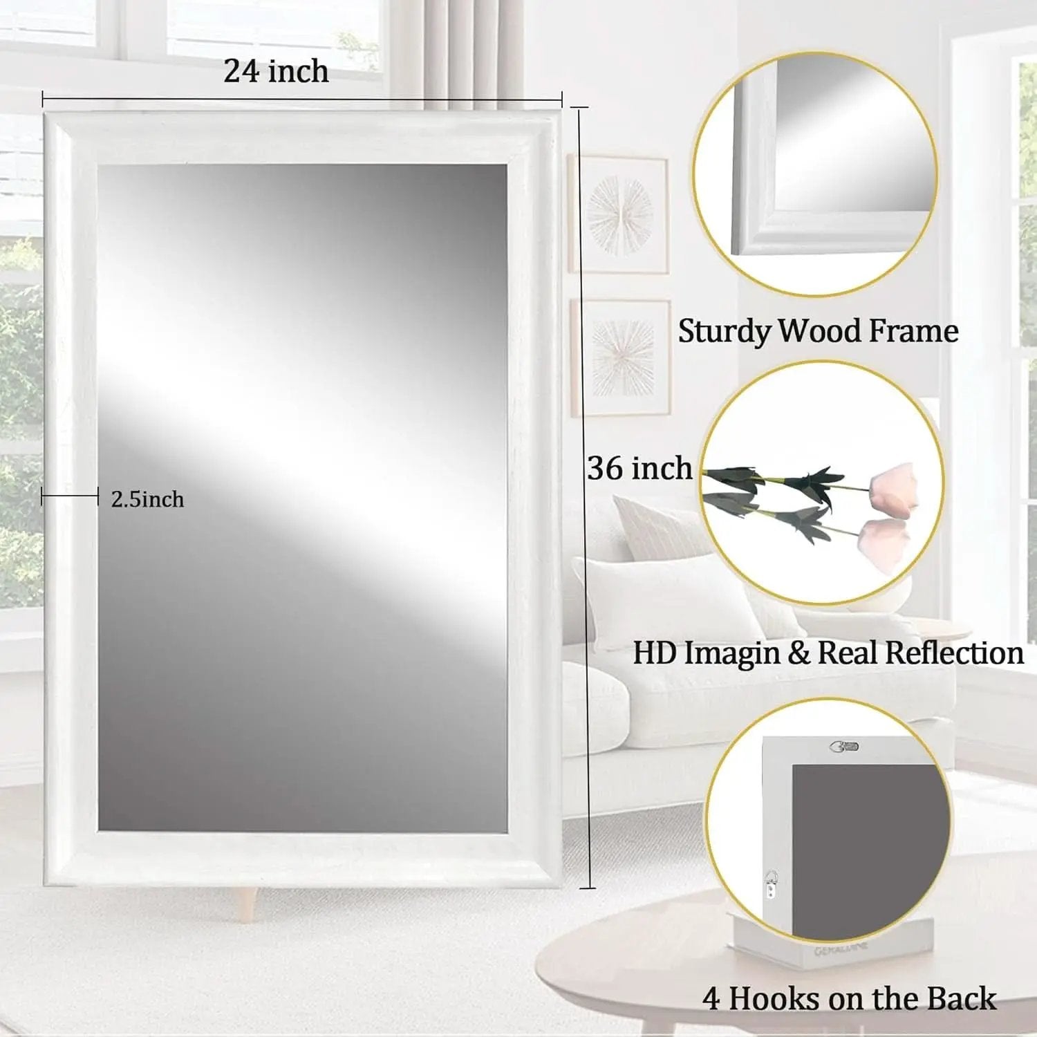 Rectangular White Wood Wall Mirror 24x36 Inches Bathroom from PriceLows™