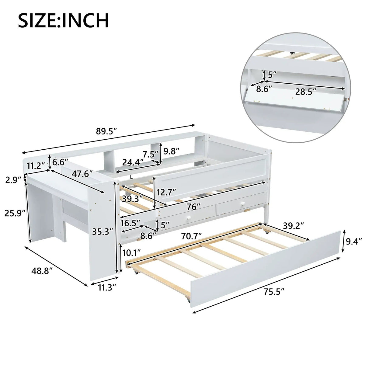 Twin Daybed | Trundle Drawers | Headboard Storage | White