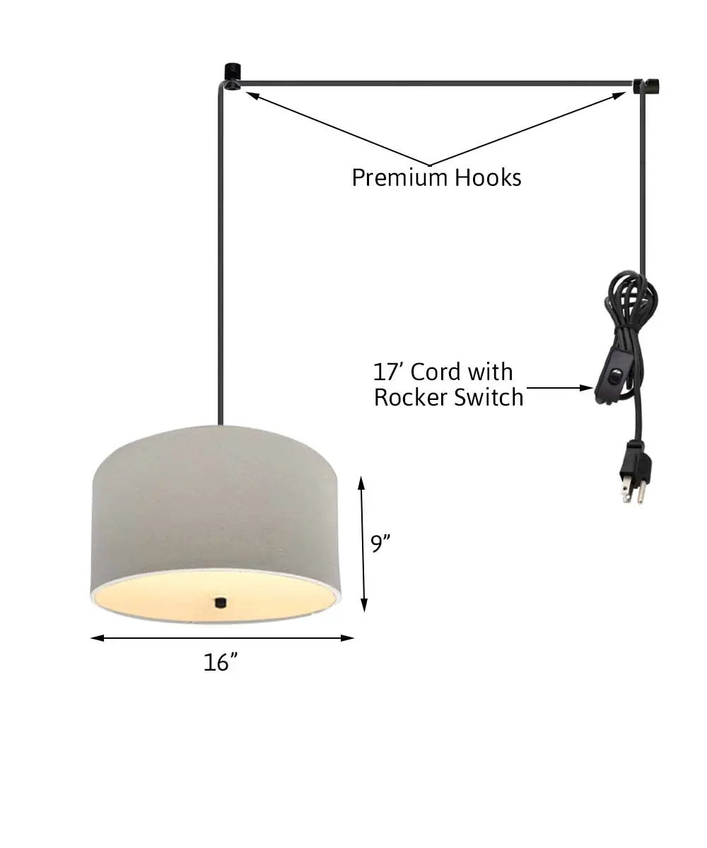 Two Light Swag Plug In Pendant | 16 Inch Drum | Oatmeal Linen | Black Cord