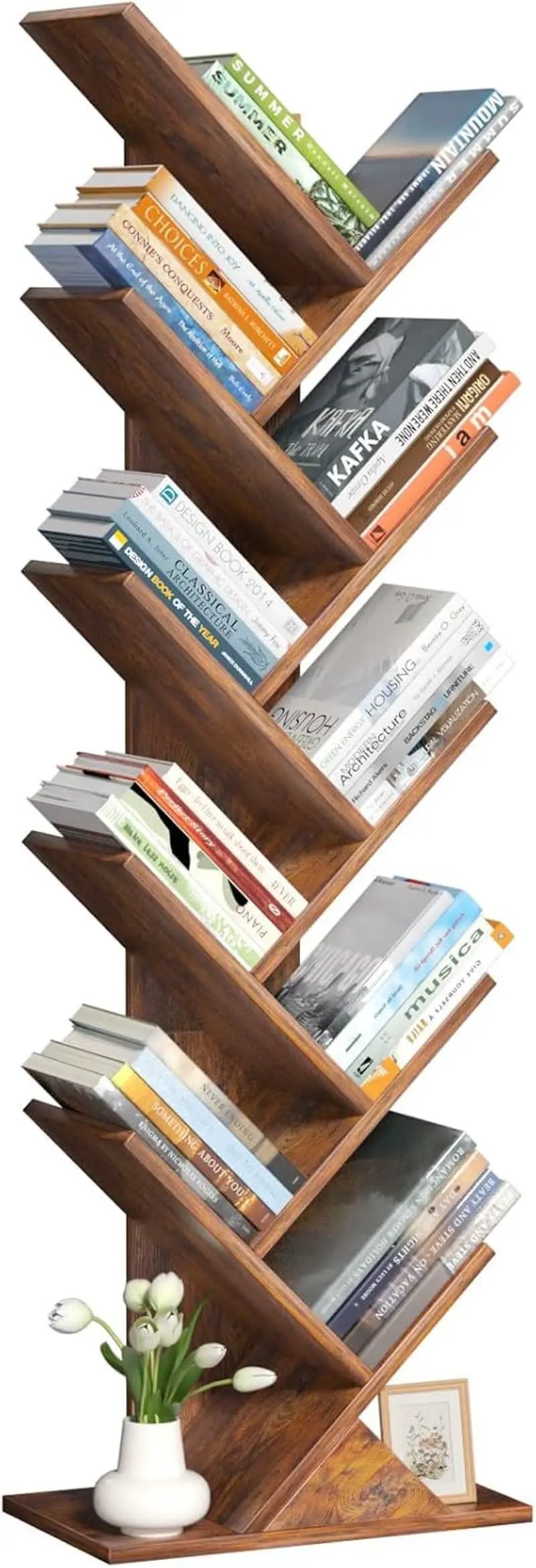 10 Tier Tree Bookshelf Brown Wood Floor Standing Bookcase For Living Room Decor Storage from PriceLows™