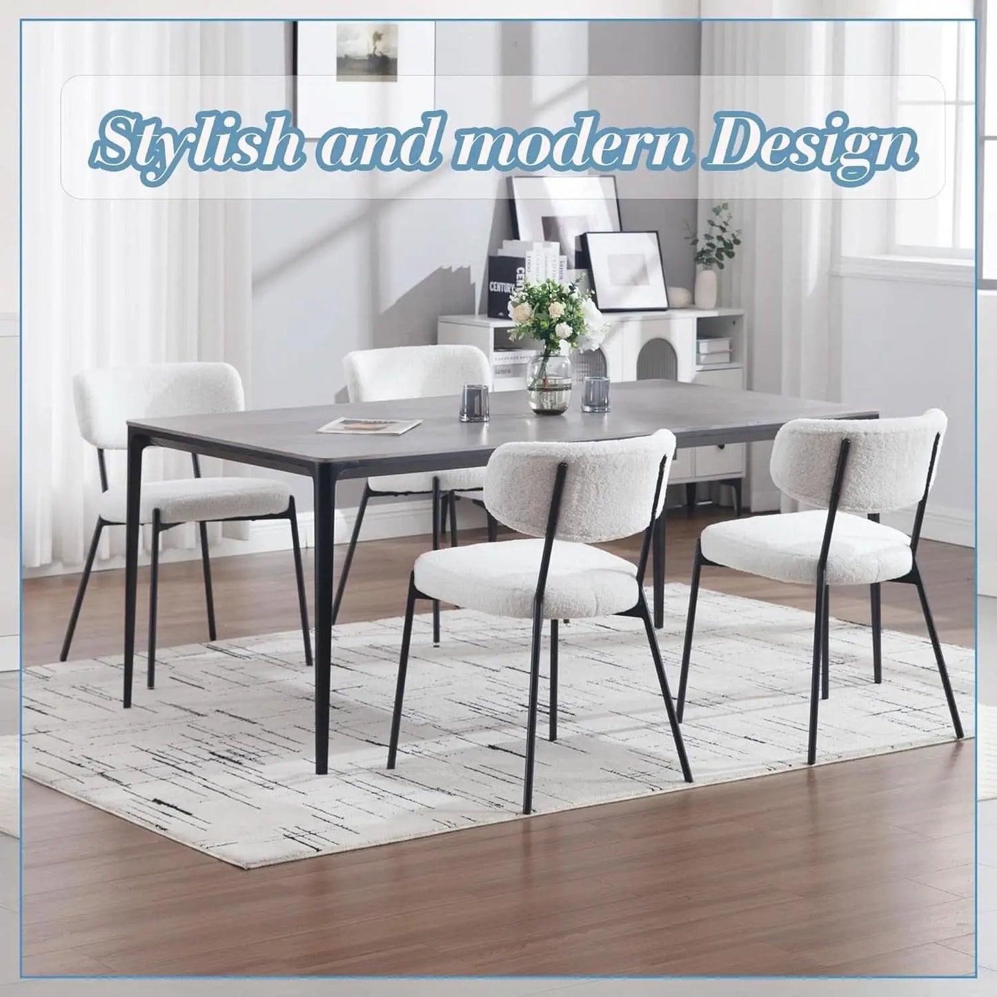 White Boucle Upholstered Dining Chairs Curved Back from PriceLows™