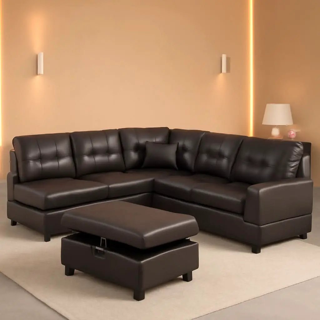 Brown Leather Sectional Sofa Set With Storage Ottoman And Left Facing Chaise