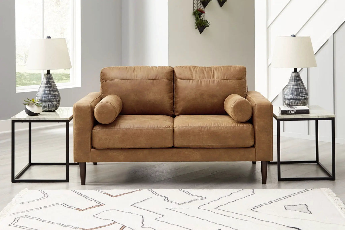Loveseat | Warm Caramel Faux Leather | Ultra Linear Small Scale Frame