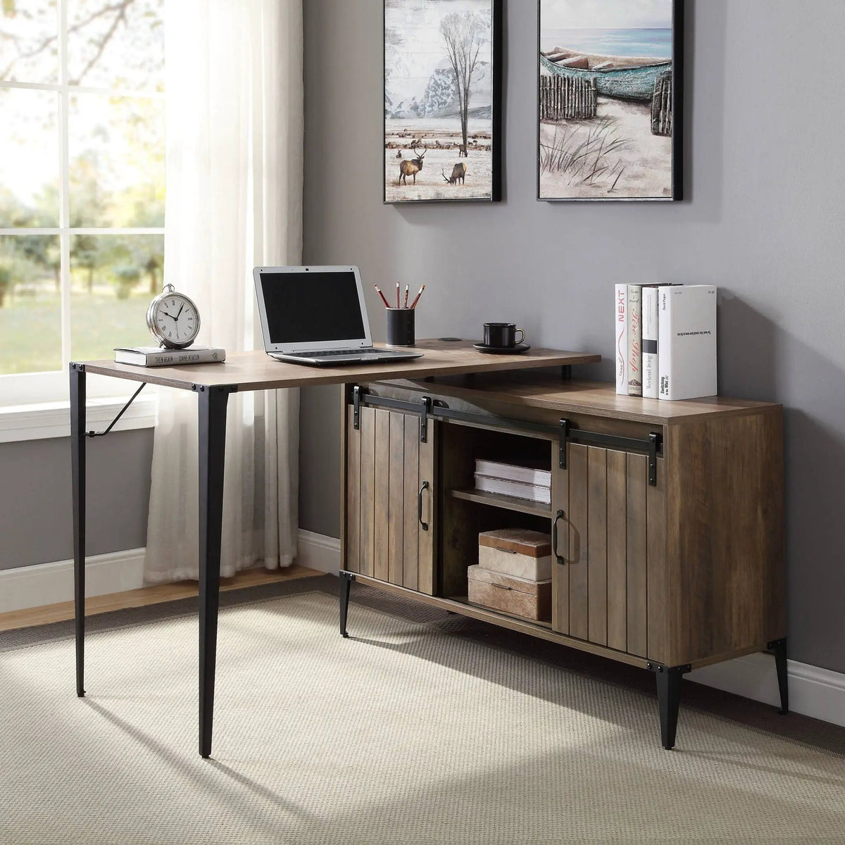 Zakwani Writing Desk | 48 Inch Width | Wood Finish | Sliding Barn Door Storage