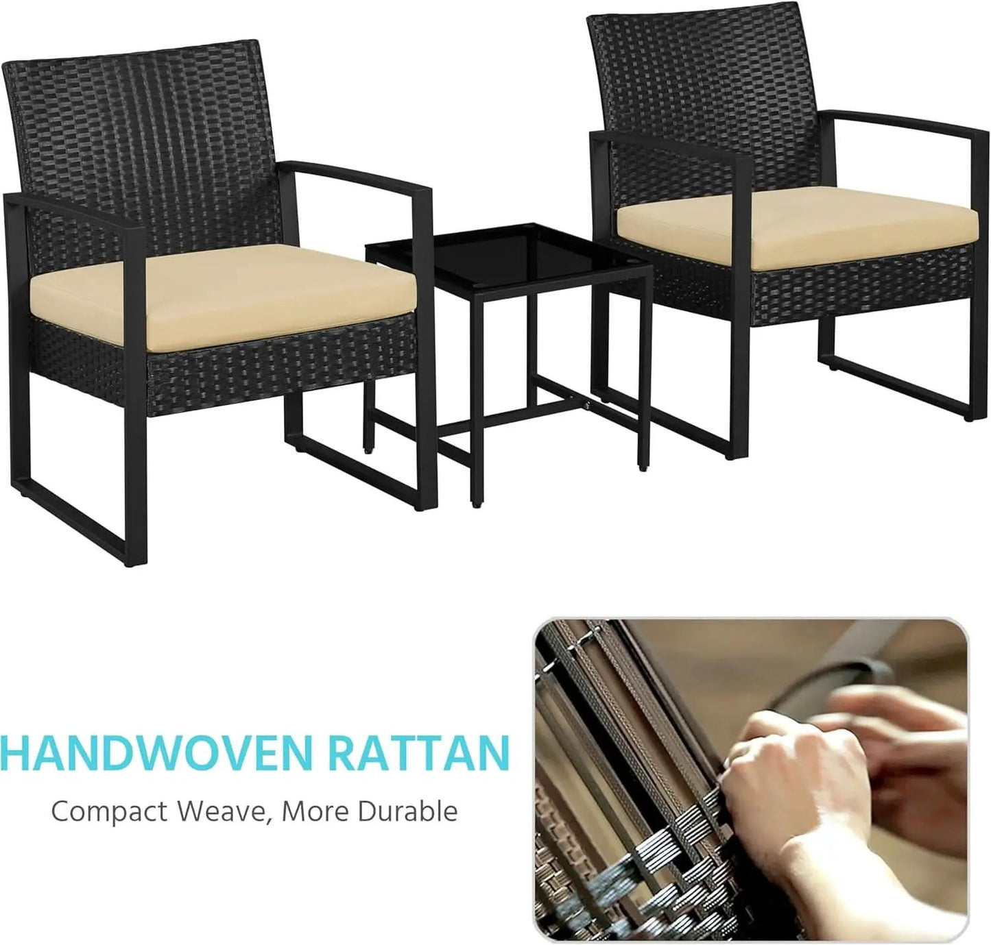 3 Piece Rattan Bistro Set Outdoor Furniture With 2 Chairs And Tempered Glass Coffee Table Black And Khaki from PriceLows™