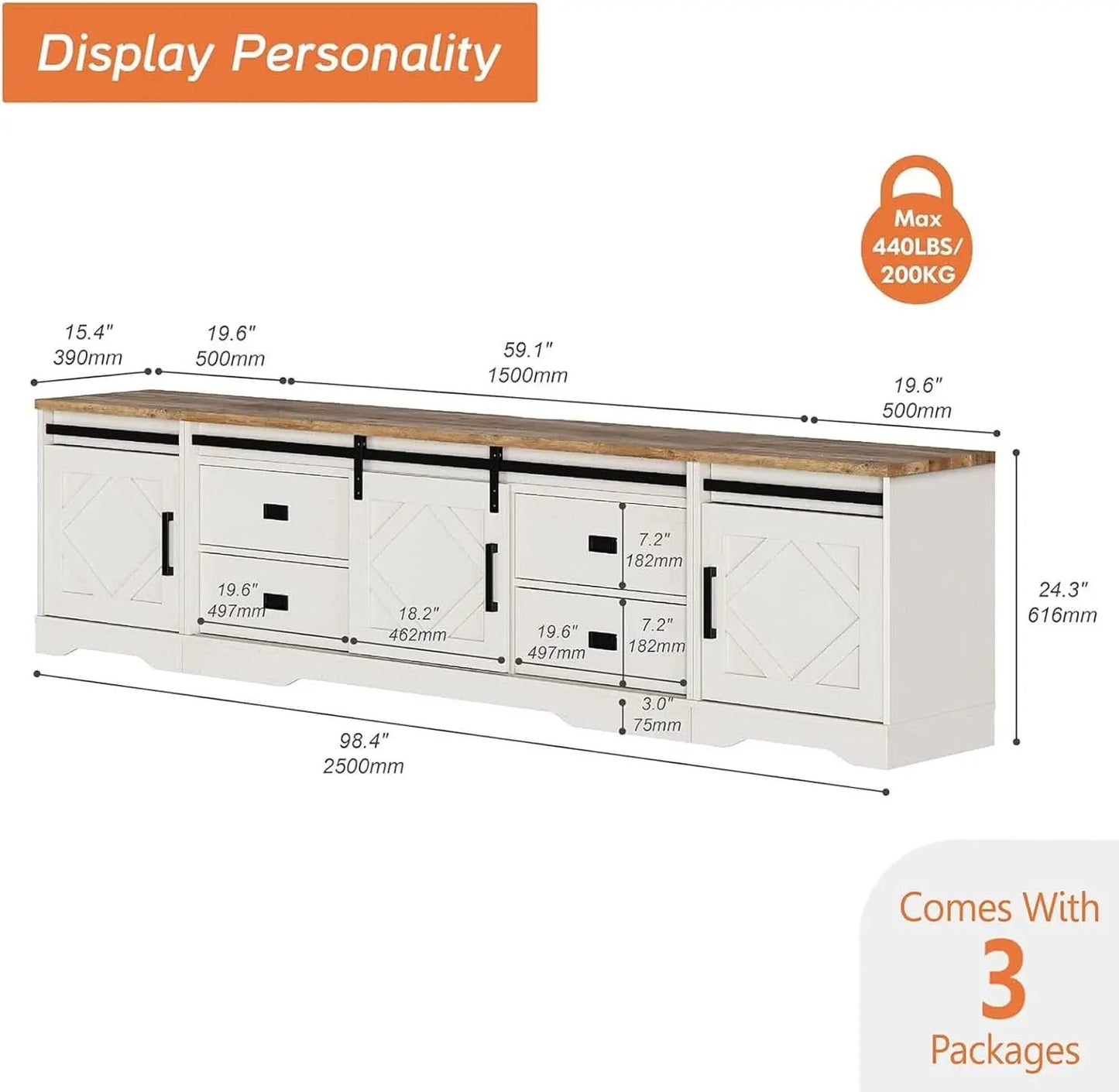 98.4 Inch Wide TV Stand Antique White For Living Room from PriceLows™