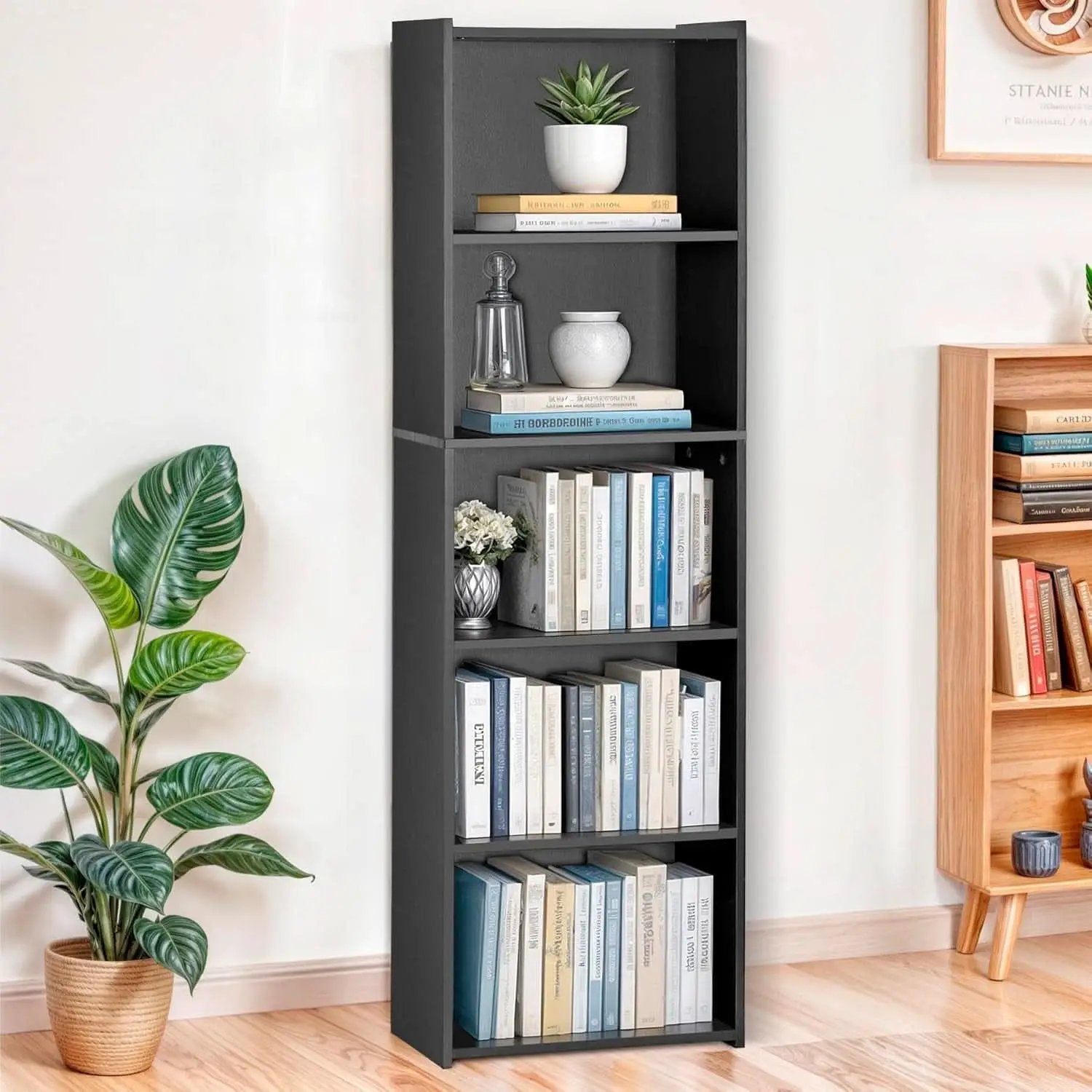 5 Tier Wood Bookcase Freestanding Black Home Office from PriceLows™