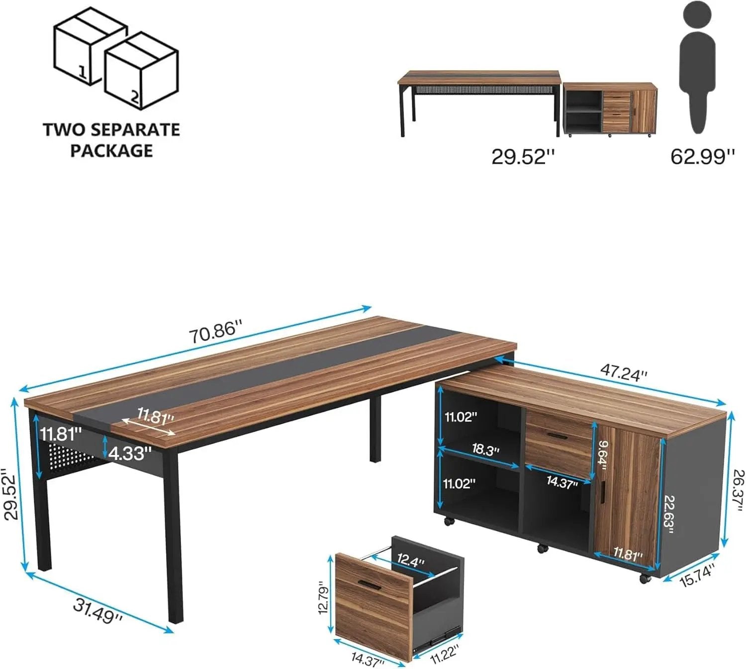 71 Inch Walnut Executive L Shaped Desk With File Cabinet from PriceLows™