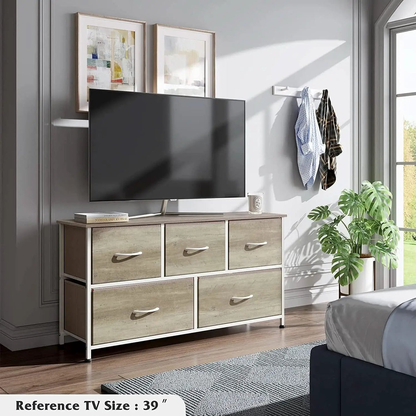5 Drawer Wide Fabric Dresser Organizer With Wood Top from PriceLows™