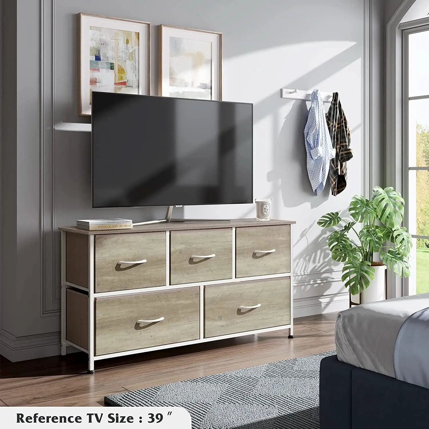 5 Drawer Wide Fabric Dresser Organizer With Wood Top from PriceLows™