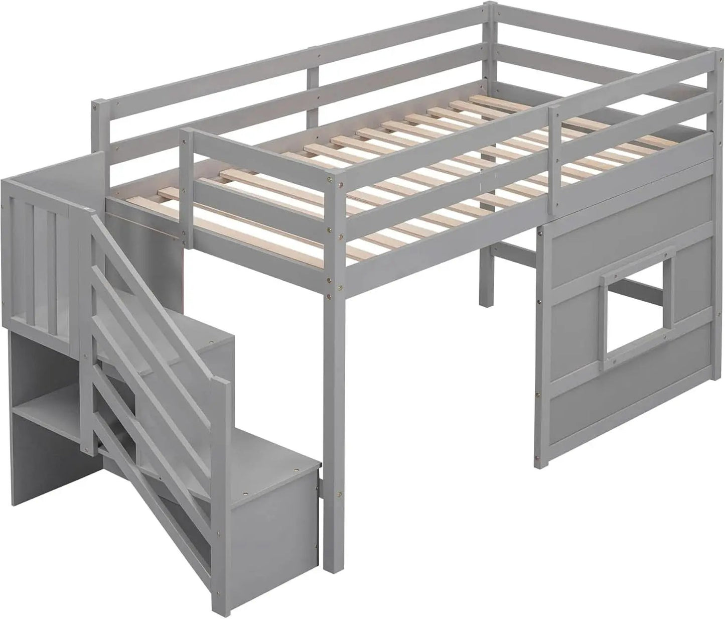 Twin Size Low Loft Bed In Gray With Stairs Storage from PriceLows™