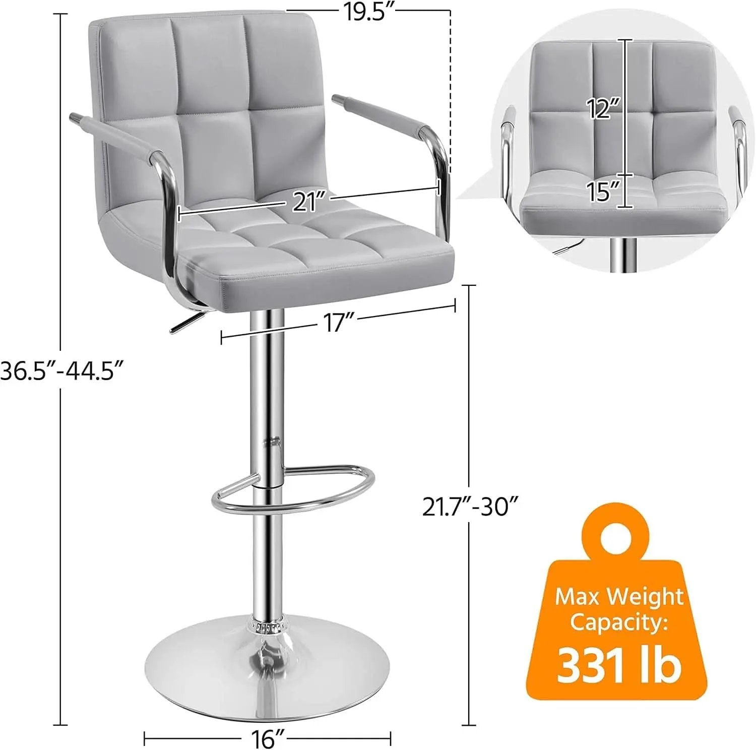 Light Grey Adjustable Swivel Bar Stools With Backrest, PU Leather, Set Of 2 from PriceLows™