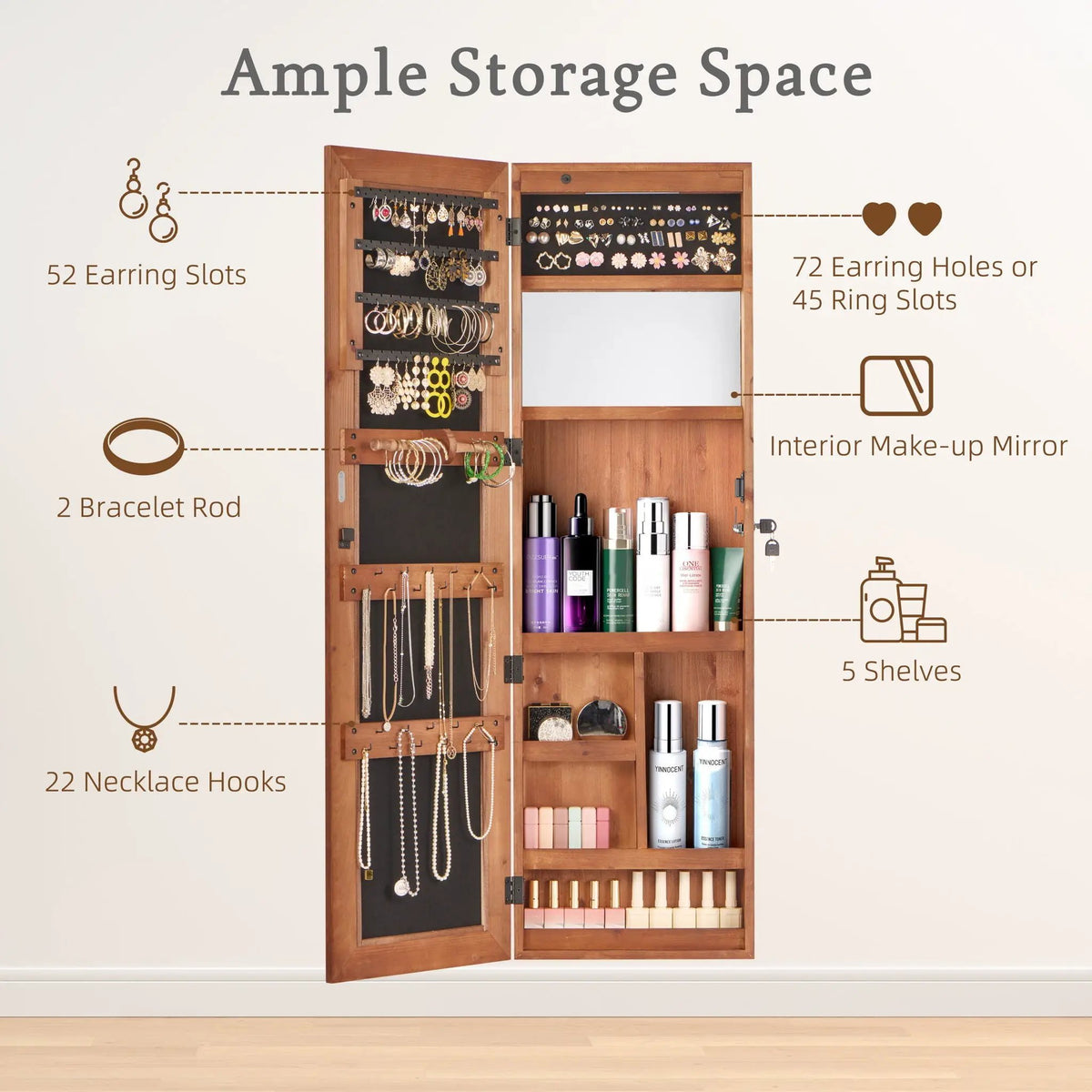 Jewelry Armoire With Full Length Mirror | Lockable Wall Mounted Cabinet | LED Light | Over The Door Use