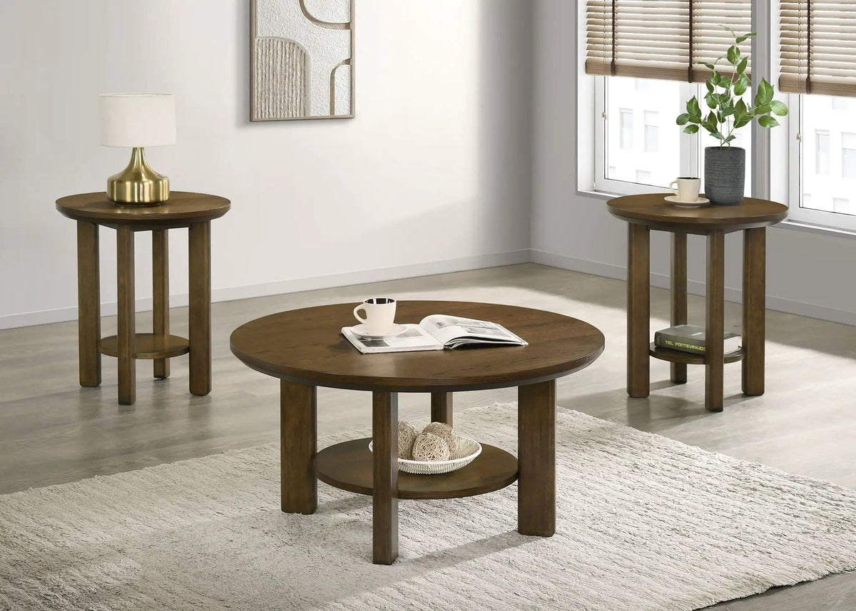 Ottowa 3-piece Round Wood Coffee Table Set | 3-Piece Set | Solid Wood & Oak Veneer | Brown