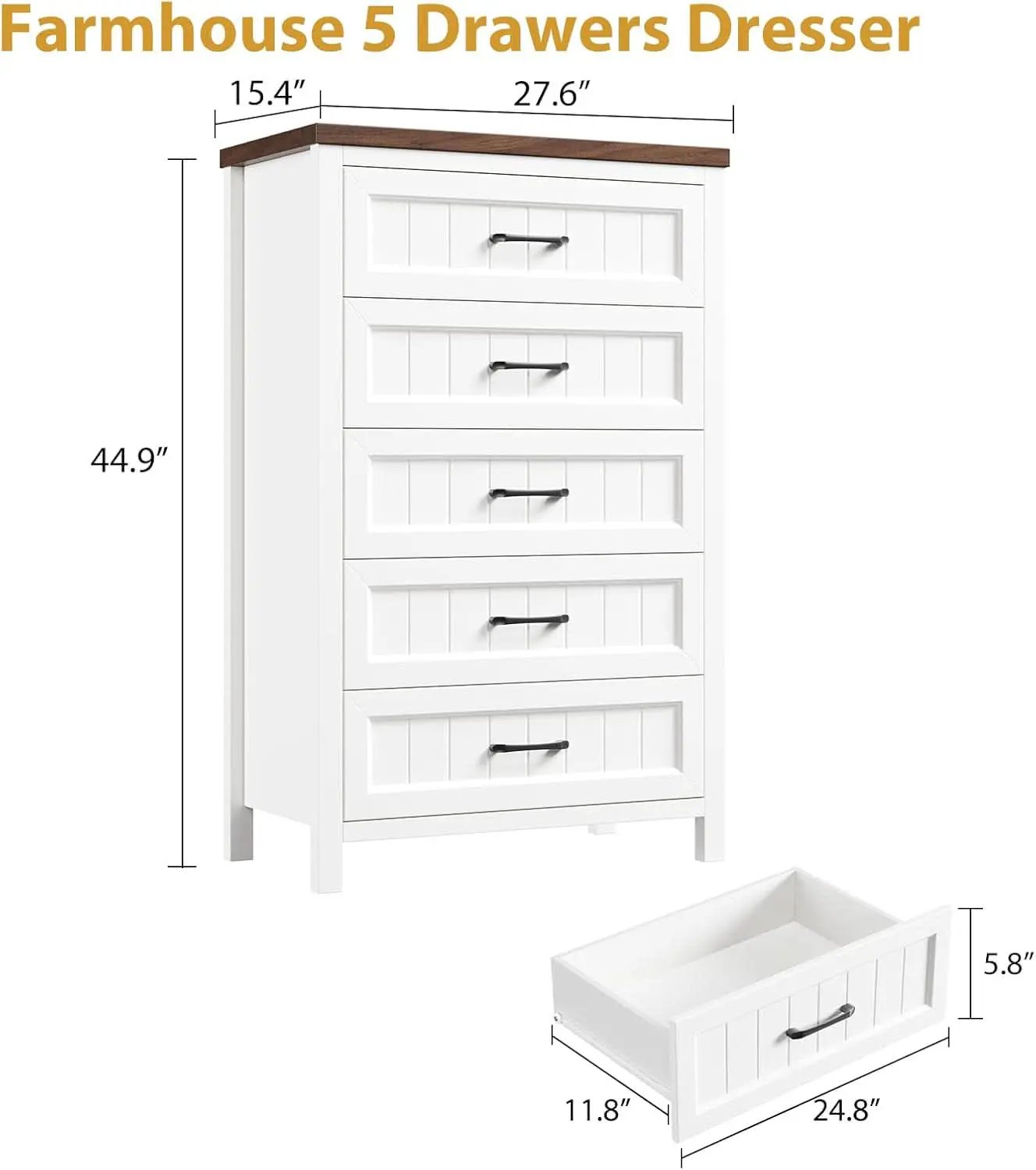 Five Drawer Dresser 44.9 Inch Tall PowderCoatWhite from PriceLows™