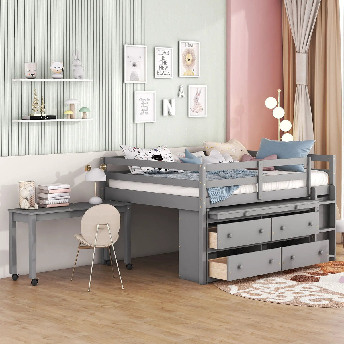 Loft Bed With Retractable Desk | 4 Front Drawers | Lateral Portable Desk | Side Shelves