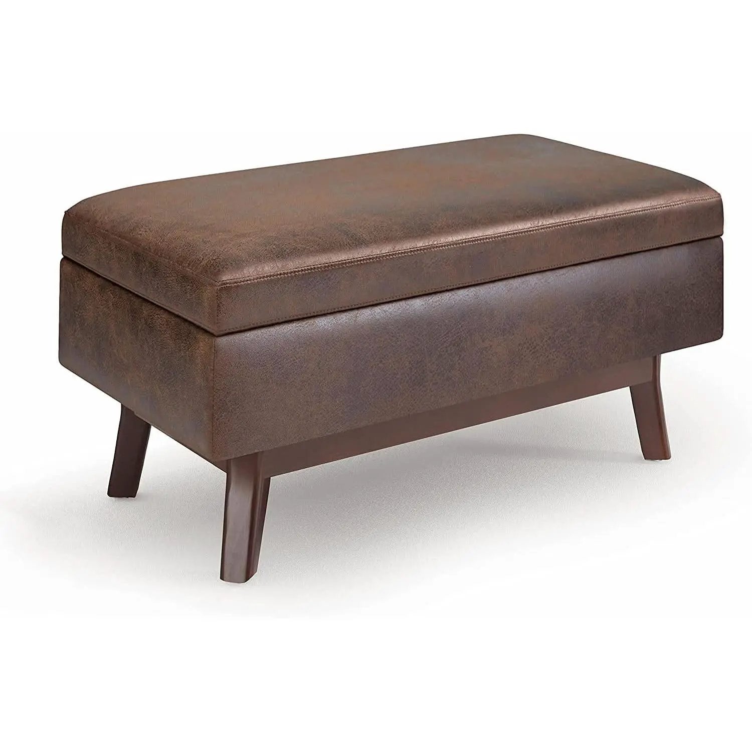 Mid Century Storage Ottoman 36W Chestnut Faux Leather from PriceLows™