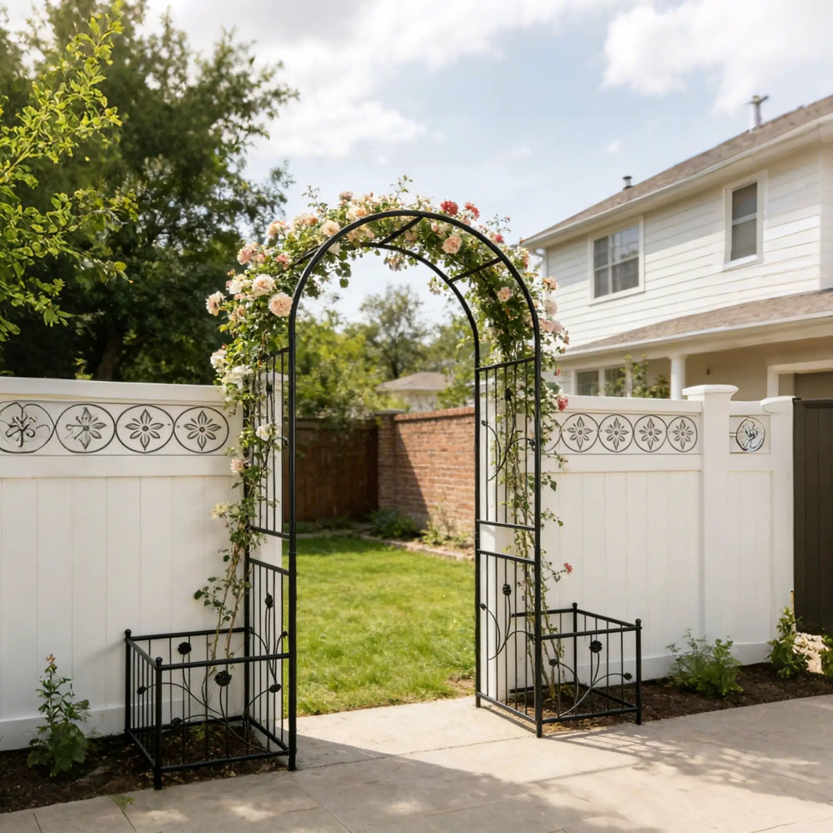 Metal Garden Arch With Plant Stands | Black | 79.5 Inch Width | Dual Planter Stands