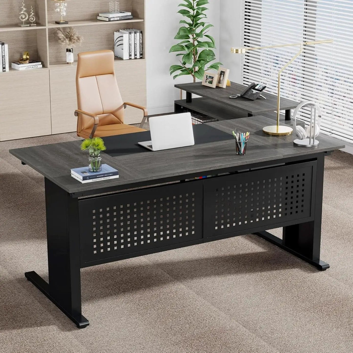 63 Inch Executive Desk With Integrated Cabinet Gray from PriceLows™