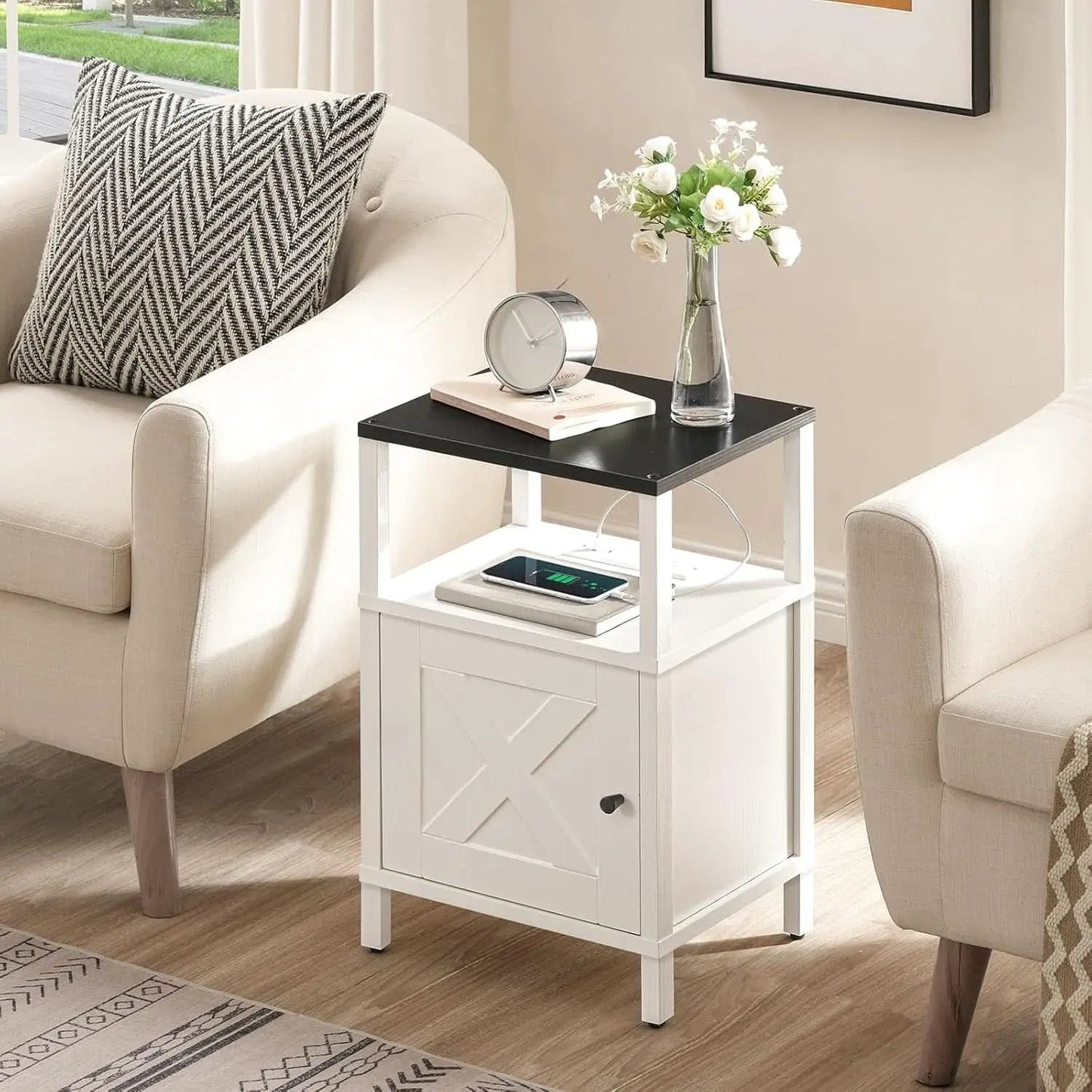 White Farmhouse Bedside Nightstand With USB Type C Ports from PriceLows™
