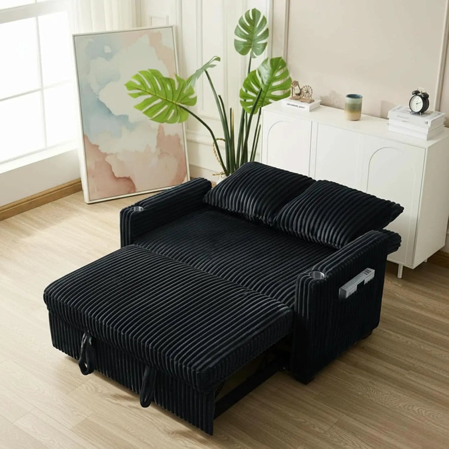 53 Inches Black Corduroy Fabric Sleeper Sofa USBPort from PriceLows™