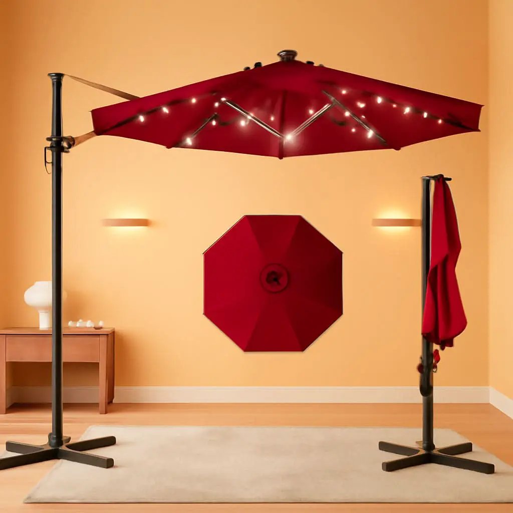 10ft Solar LED Cantilever Patio Umbrella With 360 Degree Rotation And Easy Tilt Cross Base from PriceLows™