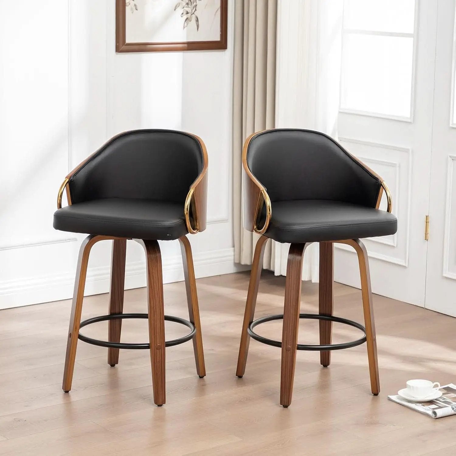 26 Inch Swivel Barstools Set of Two Black Leather from PriceLows™