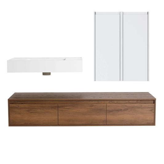 Wall Mounted Bathroom Vanity With Resin Sink And 2 Side Cabinet, 3 Soft Close Drawer | 58.7 x 18.1 x 15.8 in | Plywood & Resin | Bathroom