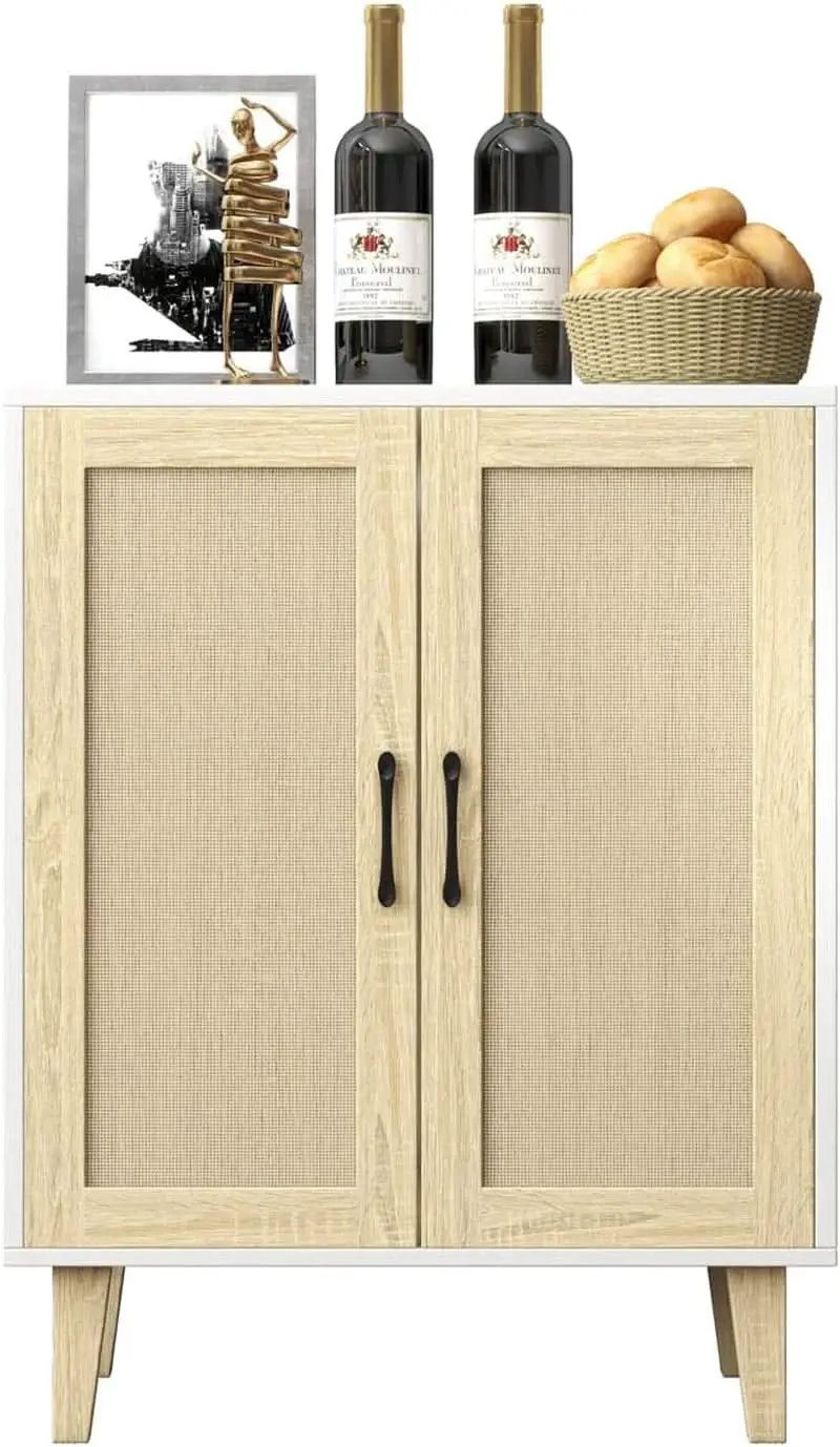 White Buffet Cabinet Sideboard With Rattan Doors Storage from PriceLows™