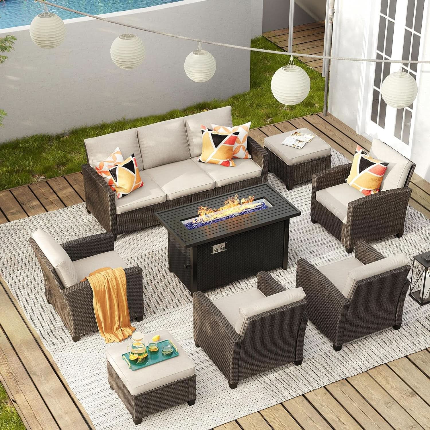8 Piece Patio Furniture Set with Firepit and Cushions from PriceLows™
