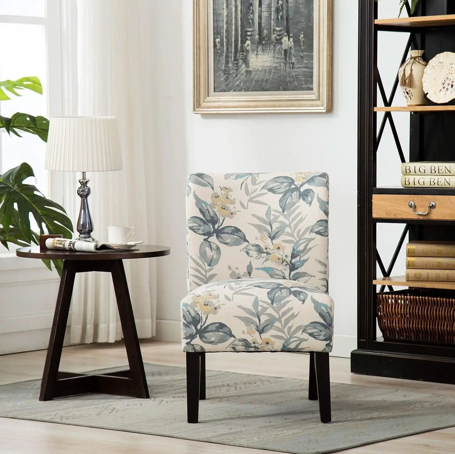 Armless Contemporary Chair With Blue Leaves Upholstery from PriceLows™