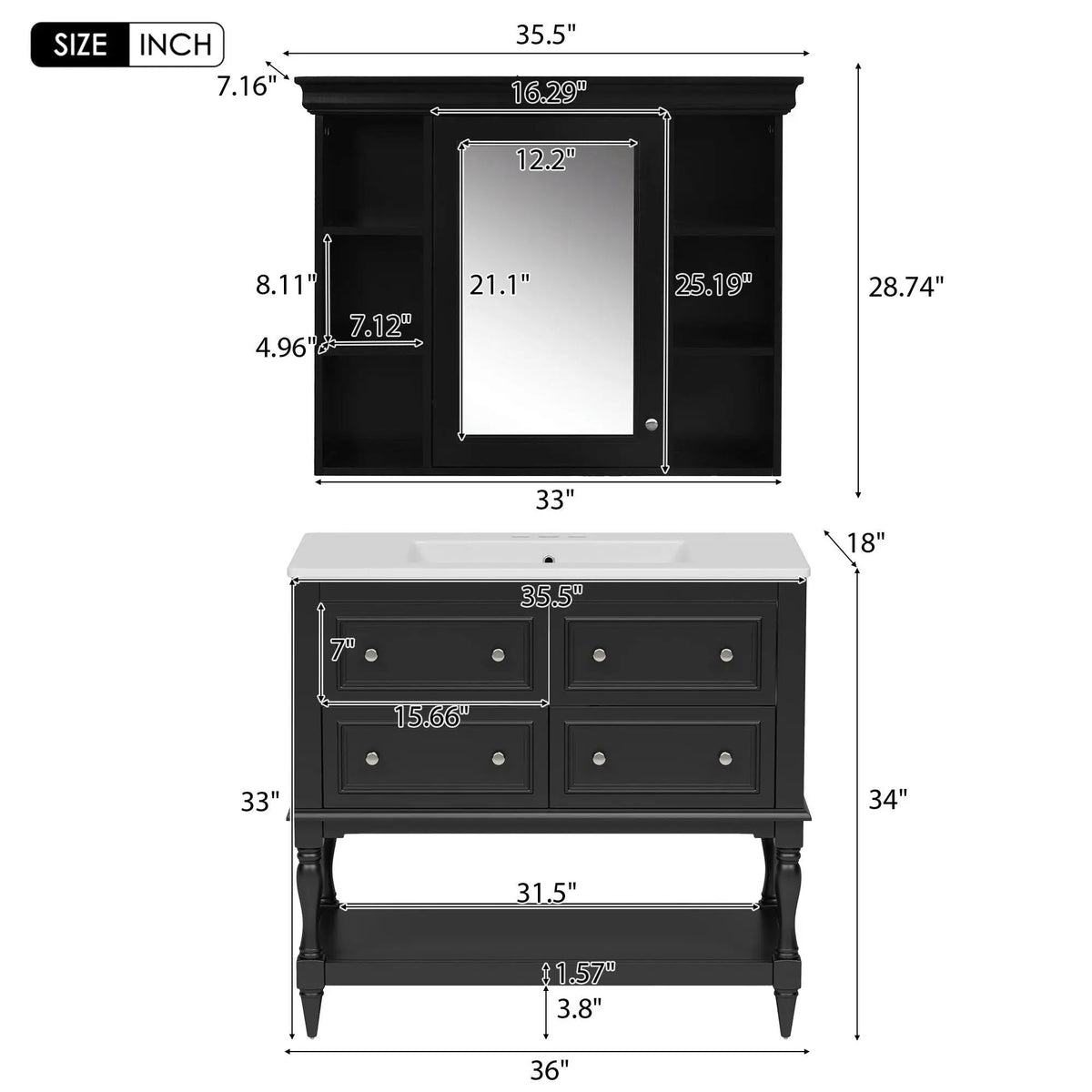 Bathroom Vanity With Medicine Cabinet | 4 Extension Drawers | Adjustable Shelf Mirror | Solid Wood Frame