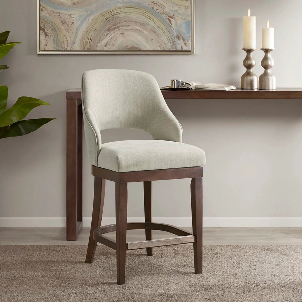 Swivel Counter Stool | Cream Upholstery | Open Back Design | Solid Wood Legs