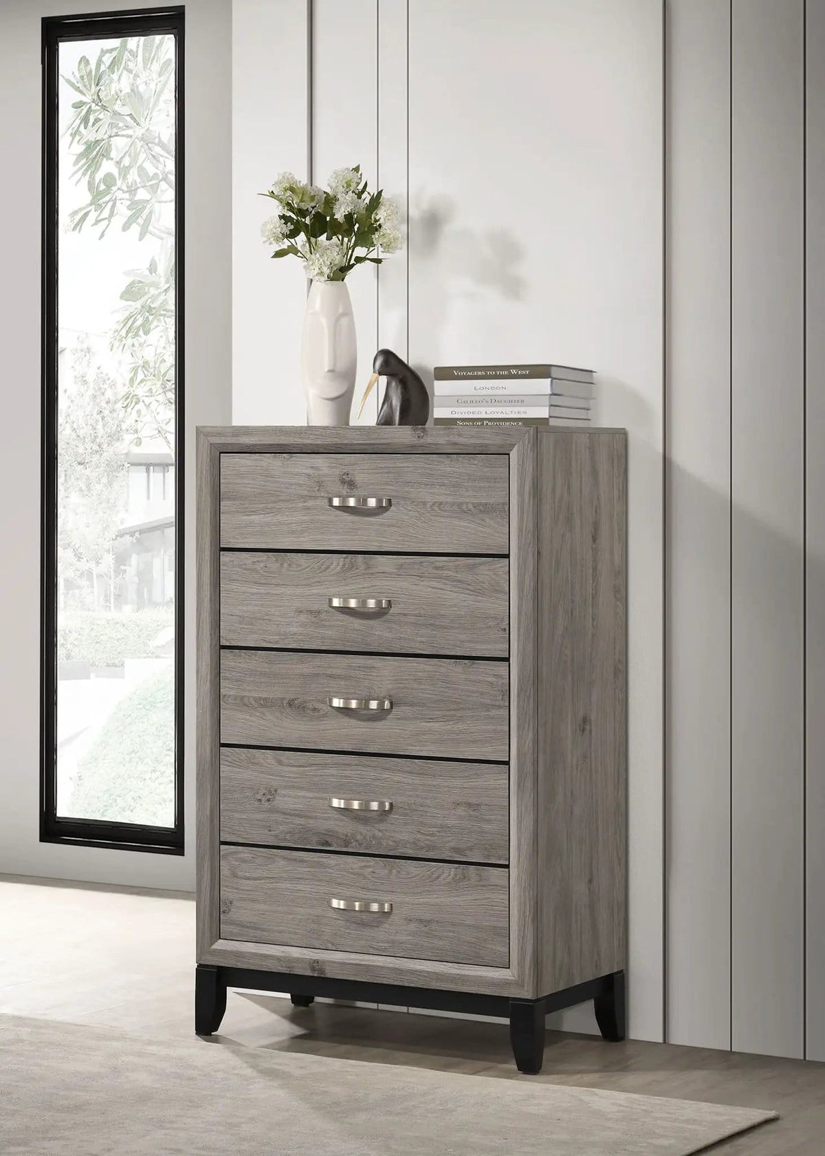 Valen 5-drawer Bedroom Chest of Drawers Light | 31.25 x 16.25 x 50.5 in | Rubberwood & Engineered Wood | Taupe