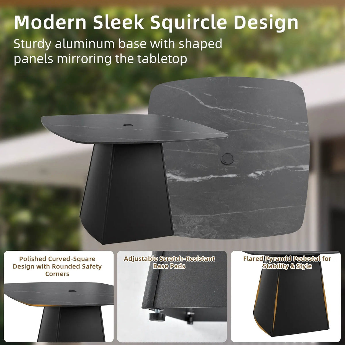 Outdoor Patio Dining Set | Squircle Sintered Stone Table | Sunbrella Cushion Chairs | Rust-Free Aluminum Frame