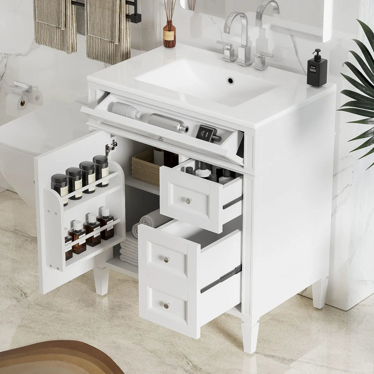 30 Inch Bathroom Vanity With Top Sink | 2 Drawers | Tip-Out Drawer | Vintage-Inspired Handles