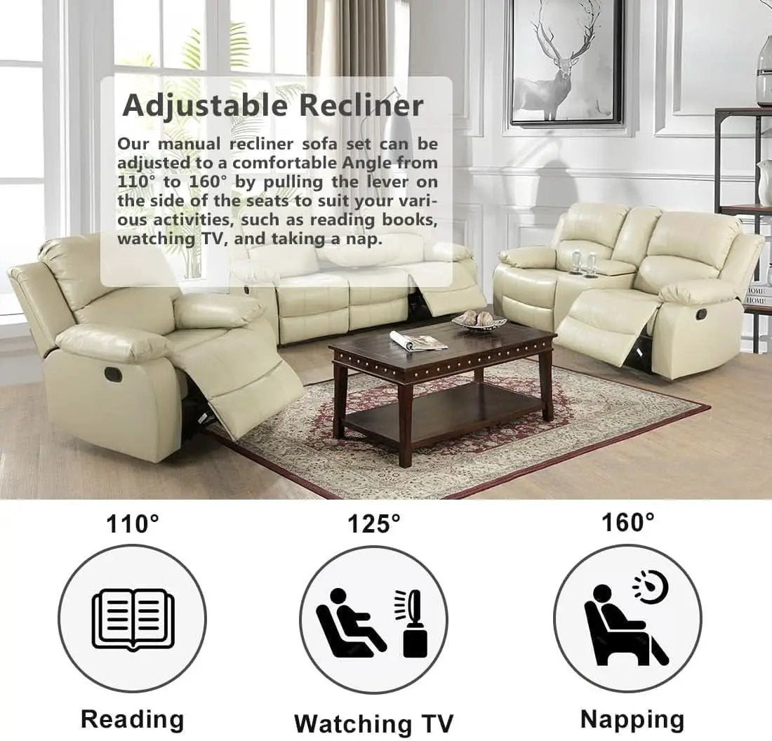 Beige 3 Seater Manual Reclining Sofa With Cup Holders from PriceLows™