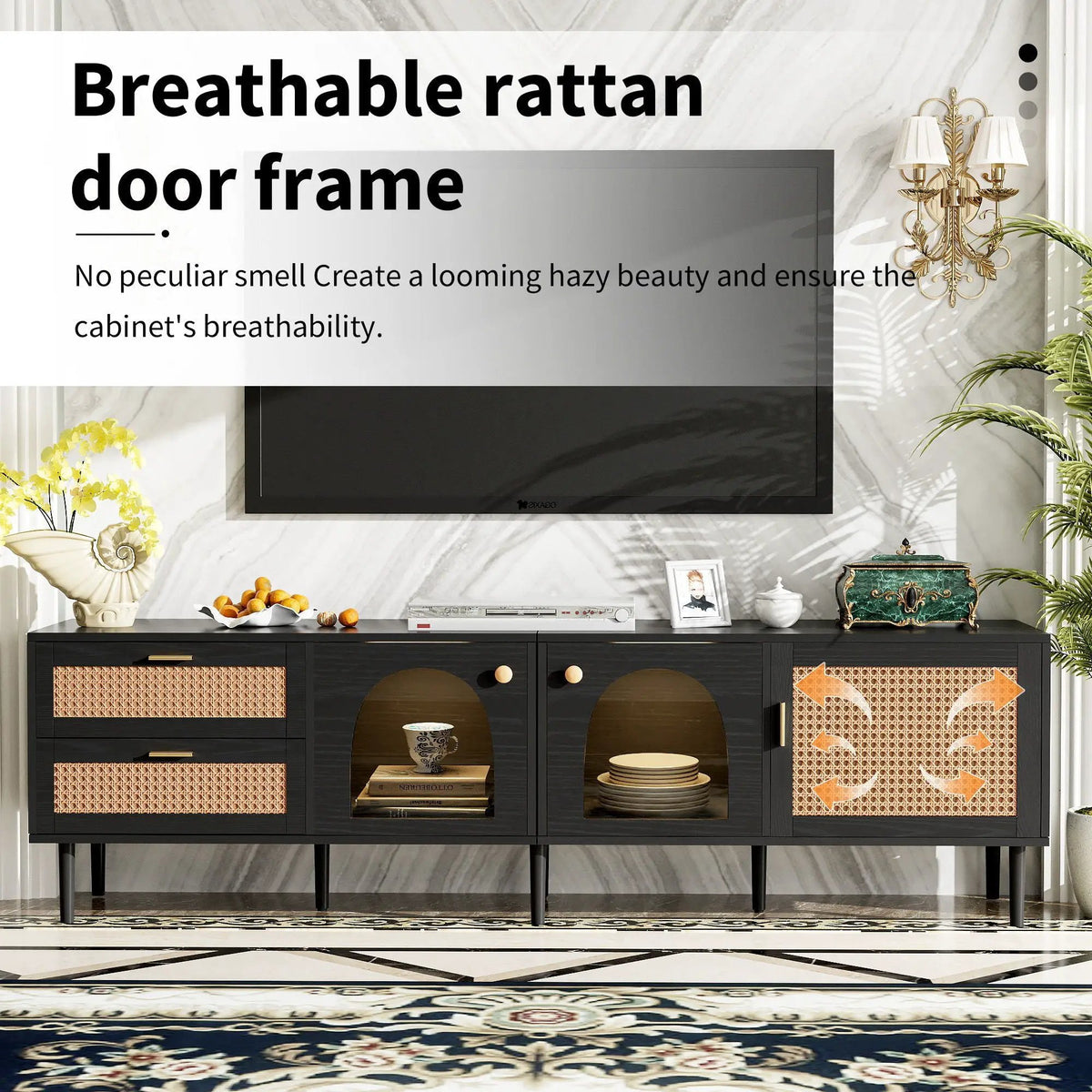 TV Stand | App Controlled LED Lights | Rattan Door Storage | Large TV