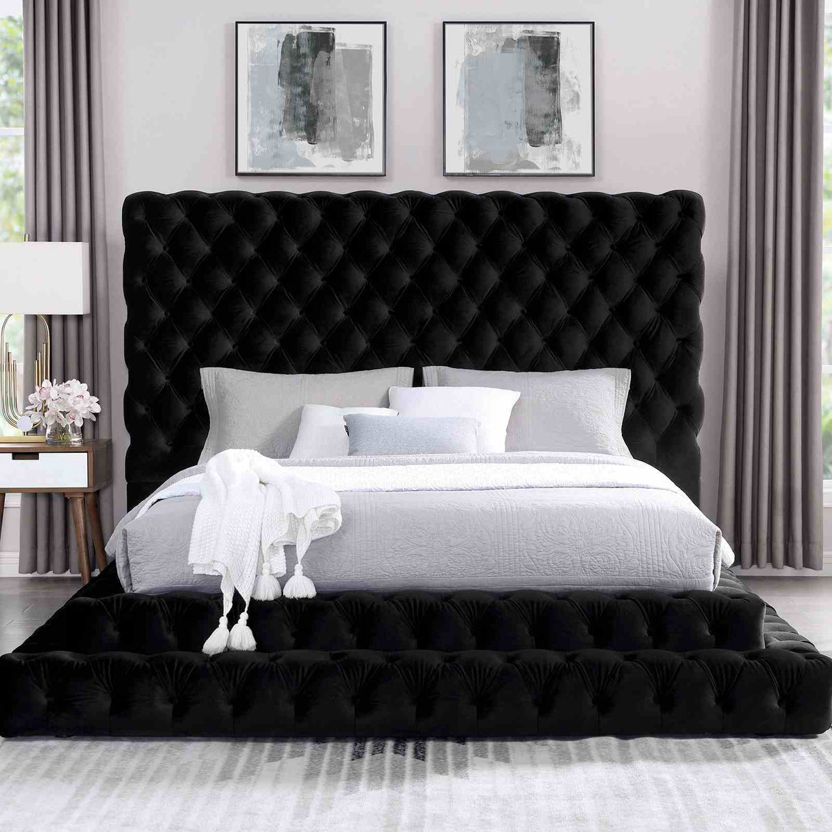 Tufted Platform Bed | Oversized Headboard | Fully Upholstered Frame | Glam Design