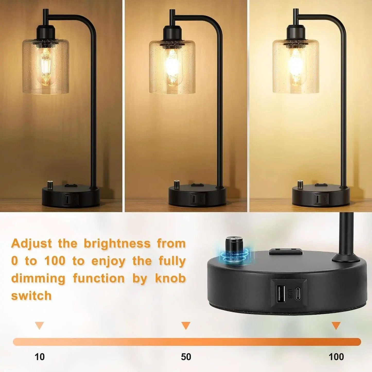 Industrial Table Lamps 2 Pack Black Dimmable USB Ports from PriceLows™