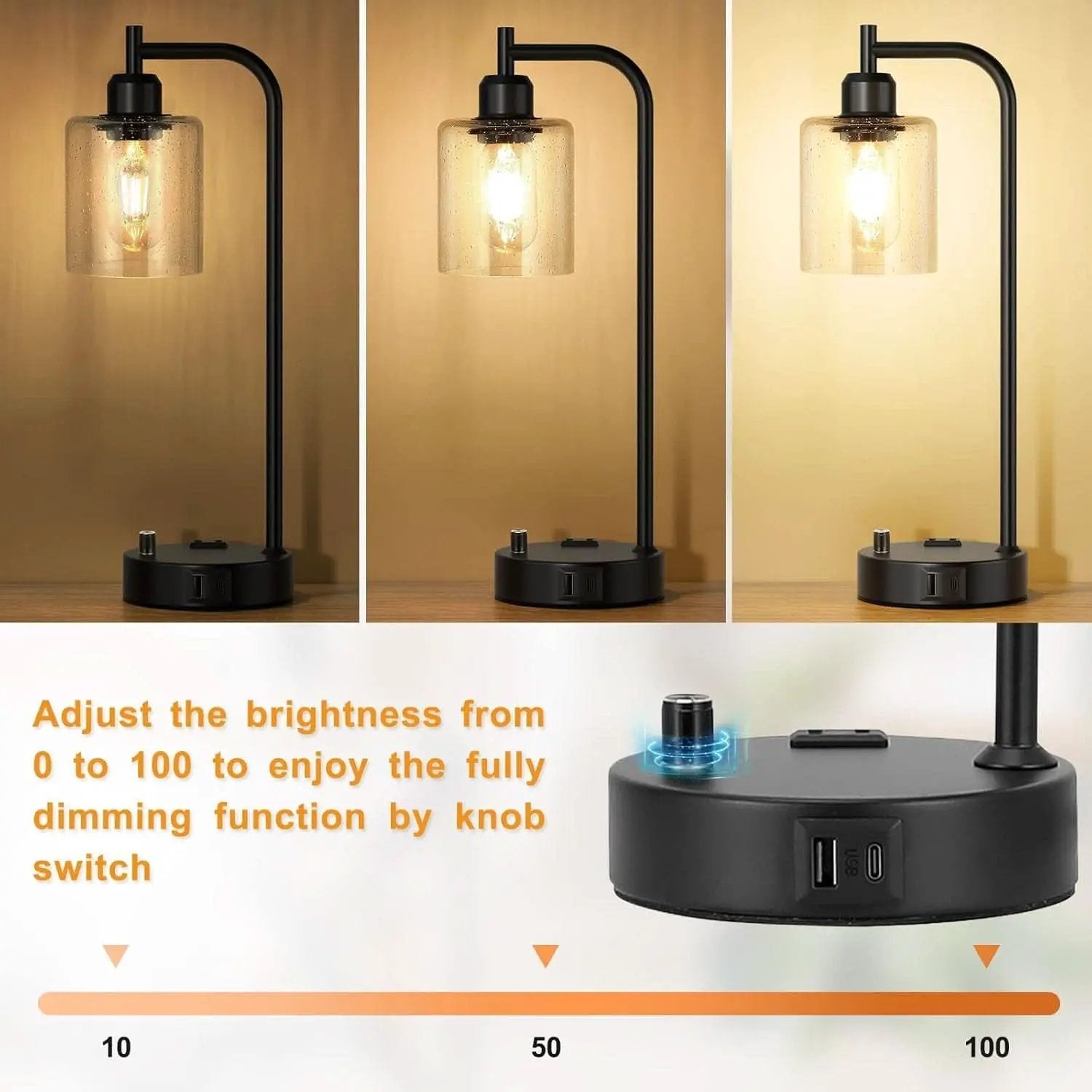 Industrial Table Lamps 2 Pack Black Dimmable USB Ports from PriceLows™
