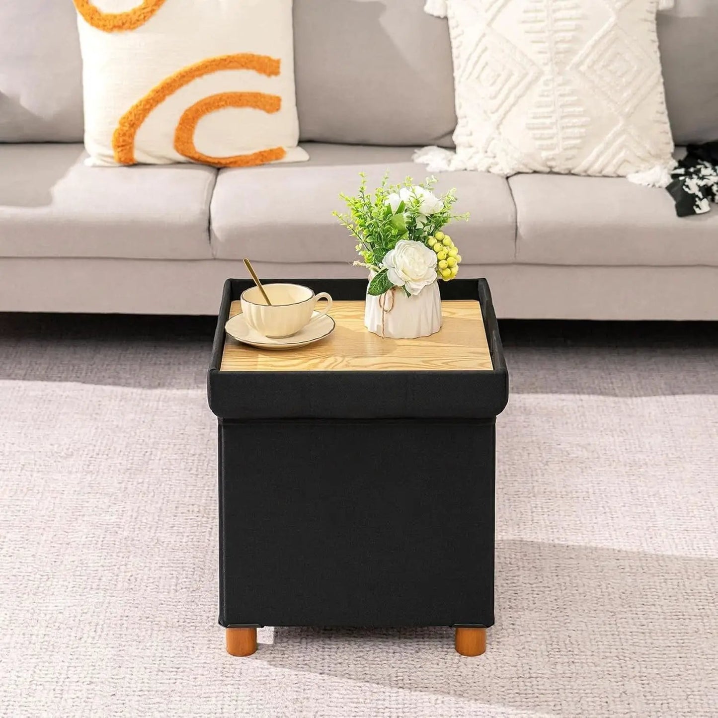 Black Linen Premium Storage Cube Ottoman Tray 15Inch from PriceLows™