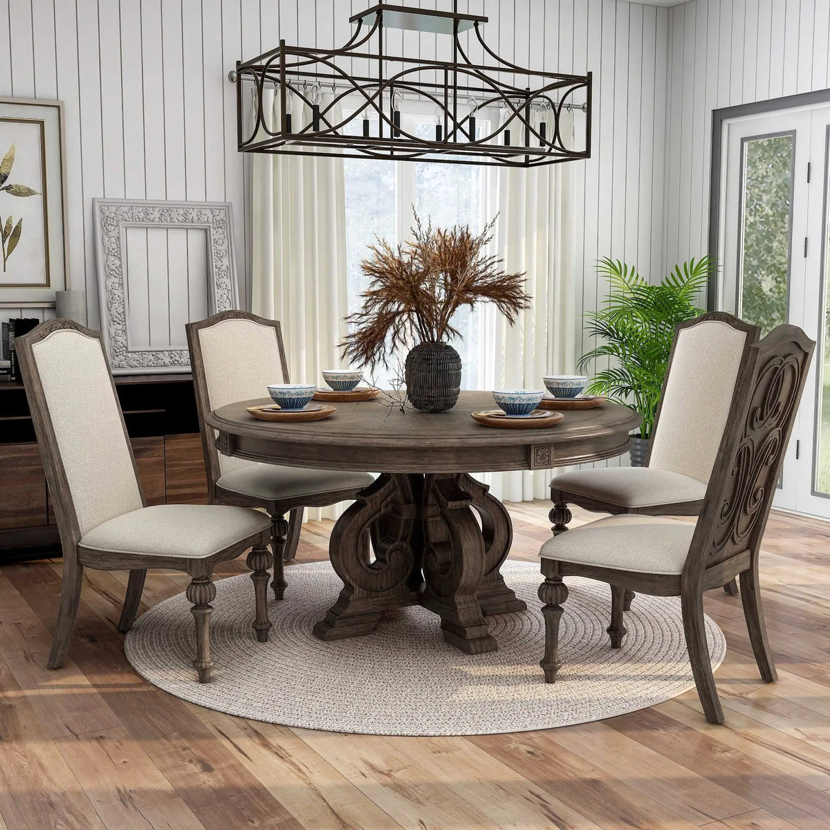 Round Dining Set | 7-Piece | Rustic Style | Pedestal Base Table With Side Chairs