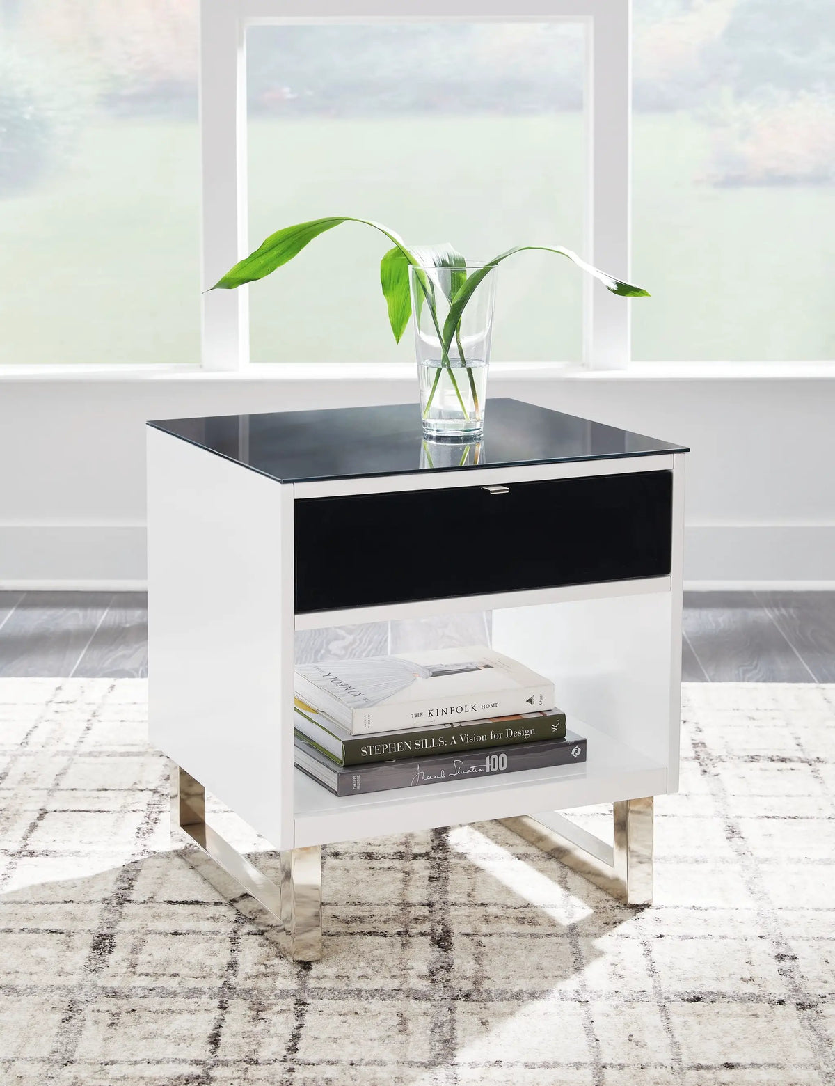 Gardoni Rectangular End Table | White And Black | MDF Construction | Drawer Storage