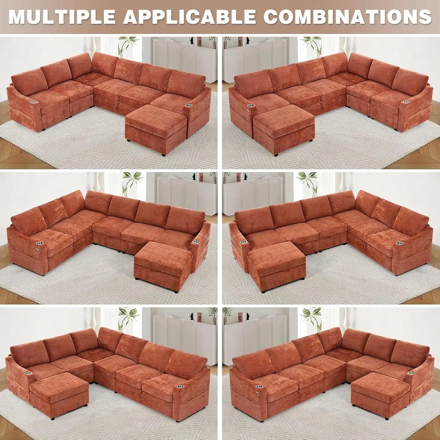 116Inch Orange Chenille Fabric Modular Sleeper Sofa USB from PriceLows™
